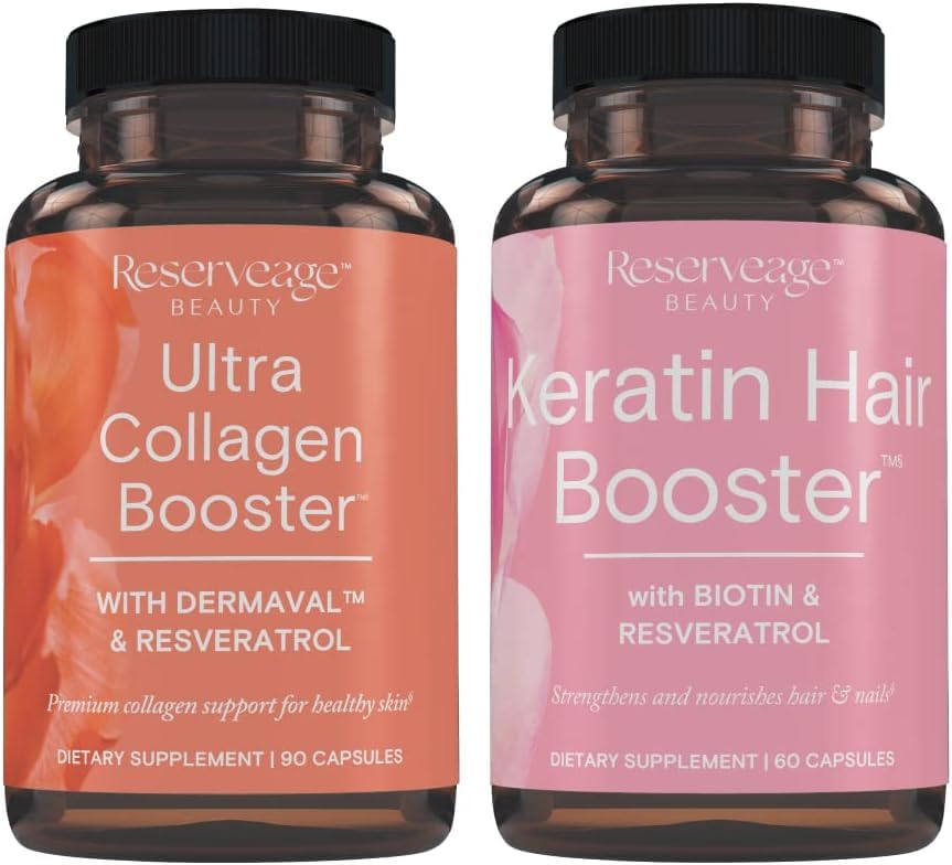 Réserve Ultra Collagen Booster & Keratin Booster Cheveux - Caractéristiques Dermaval, Biotin & Resvératrol - Soutien Cheveux et Peau - 90 Ultra Collagen Capsules, 60 Capsules Keratin