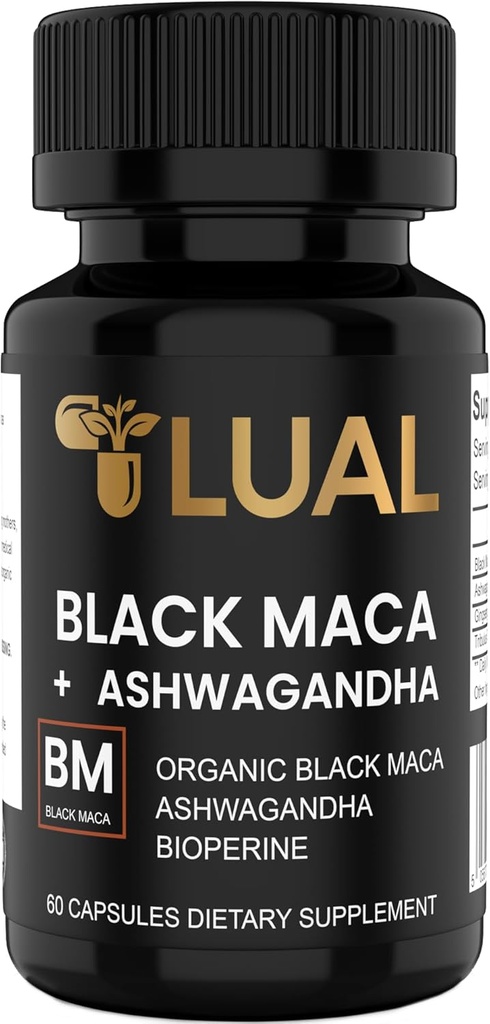 LUAL 30,000mg 30x Forza Organico Nero Maca Root con Ashwagandha - Elevata potenza Nero Maca Root Capsule per Uomo - 100% Pure Maca Peruana Powder Organic, Gelatinized, Non-GMO - 60 Pillole