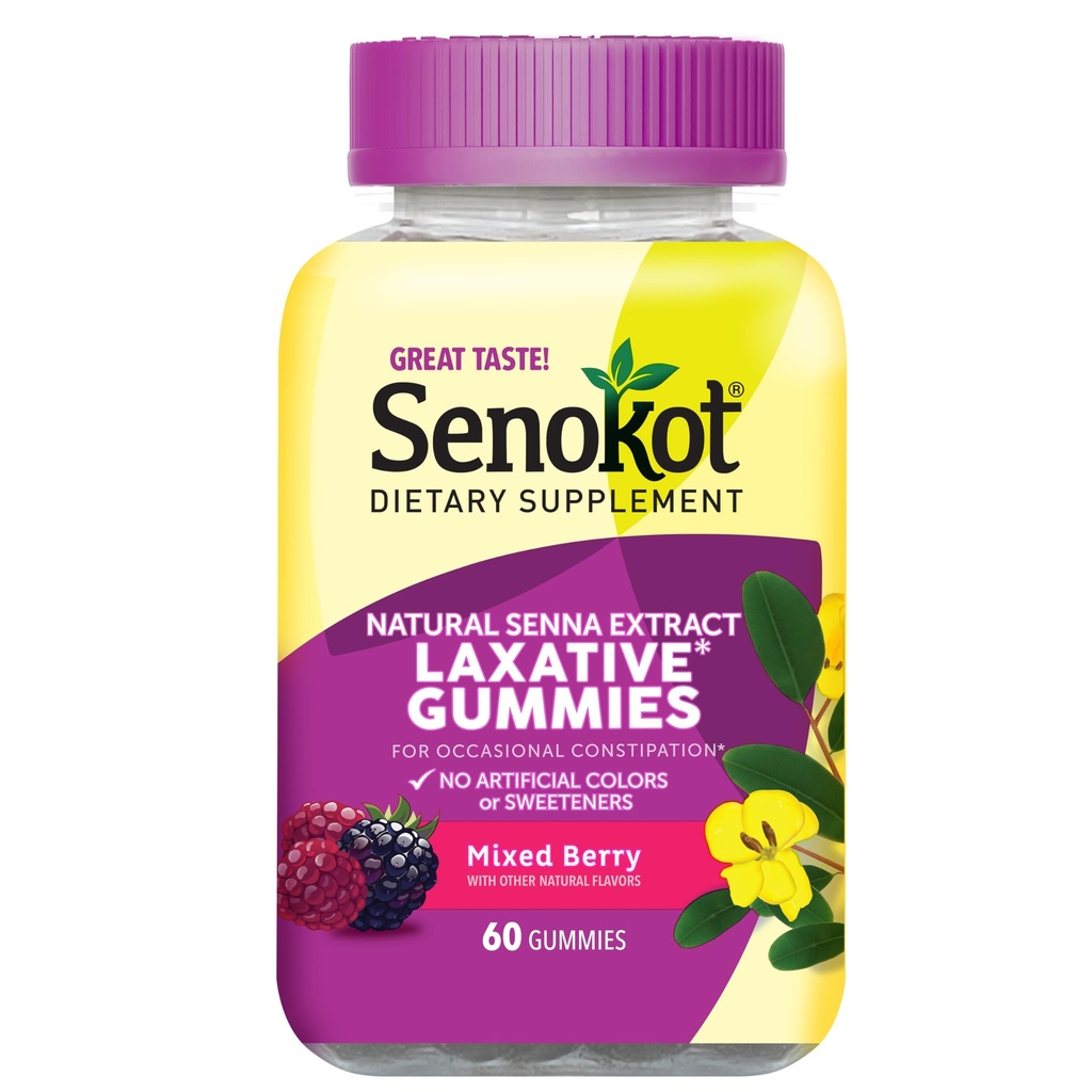 Supplément alimentaire Senokot Gommies laxatives, Extrait de Senna naturel, Gentil, Soulagement de nuit de Constipation occasionnelle, Flaveur de baie mixte, 60 comte.