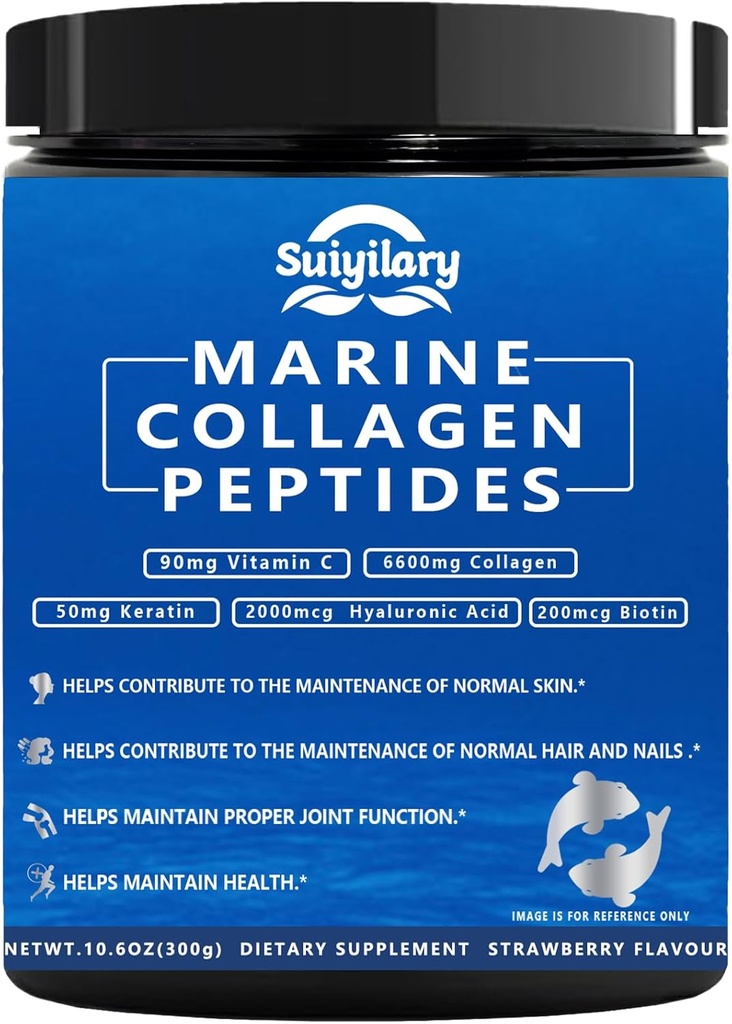 Collagène Peptides Poudre pour femmes, Multi Marine Hydrolysée pour cheveux sains, peau, ongles avec acide hyaluronique, biotine, vitamine C, 30 portions (10,6 OZ, fraise)