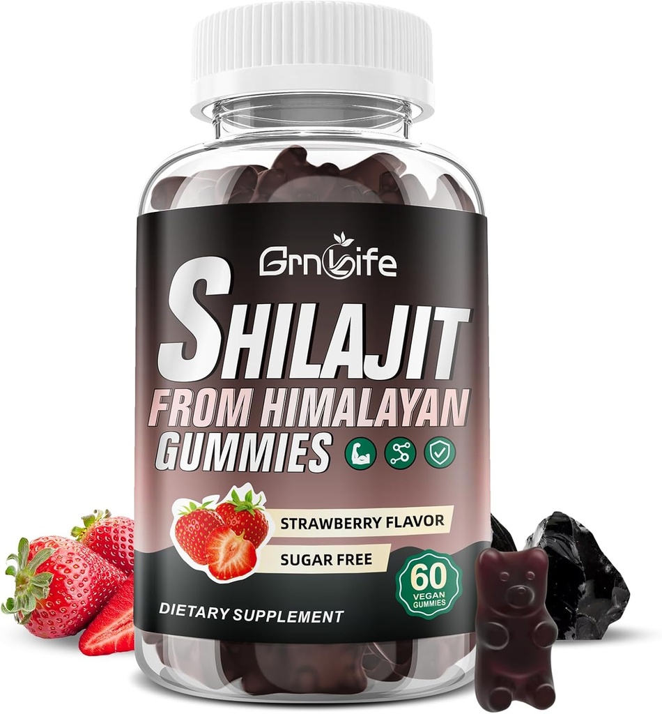 Shilajit Gummie für Männer & Frauen, 1000MG Shilajit Ergänzung mit 85+ Trace Mineralstoffe & Fulvic Säure für Energie, Immunität, Zuckerfrei, Erdbeer-60 Zähler
