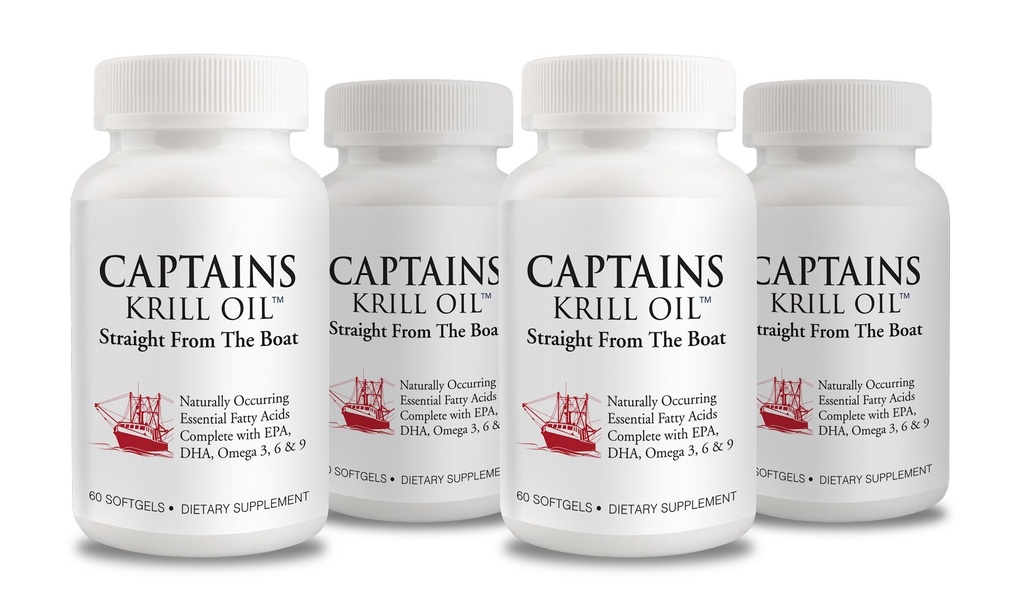 Captains Pure Antarctic Krill Oil Softgels | Omega 3 EPA, DHA with Astaxanthin & Phospholipids| No Additives or Chemicals | 1000mg per Serving, 60 Capsules, 4-Pack