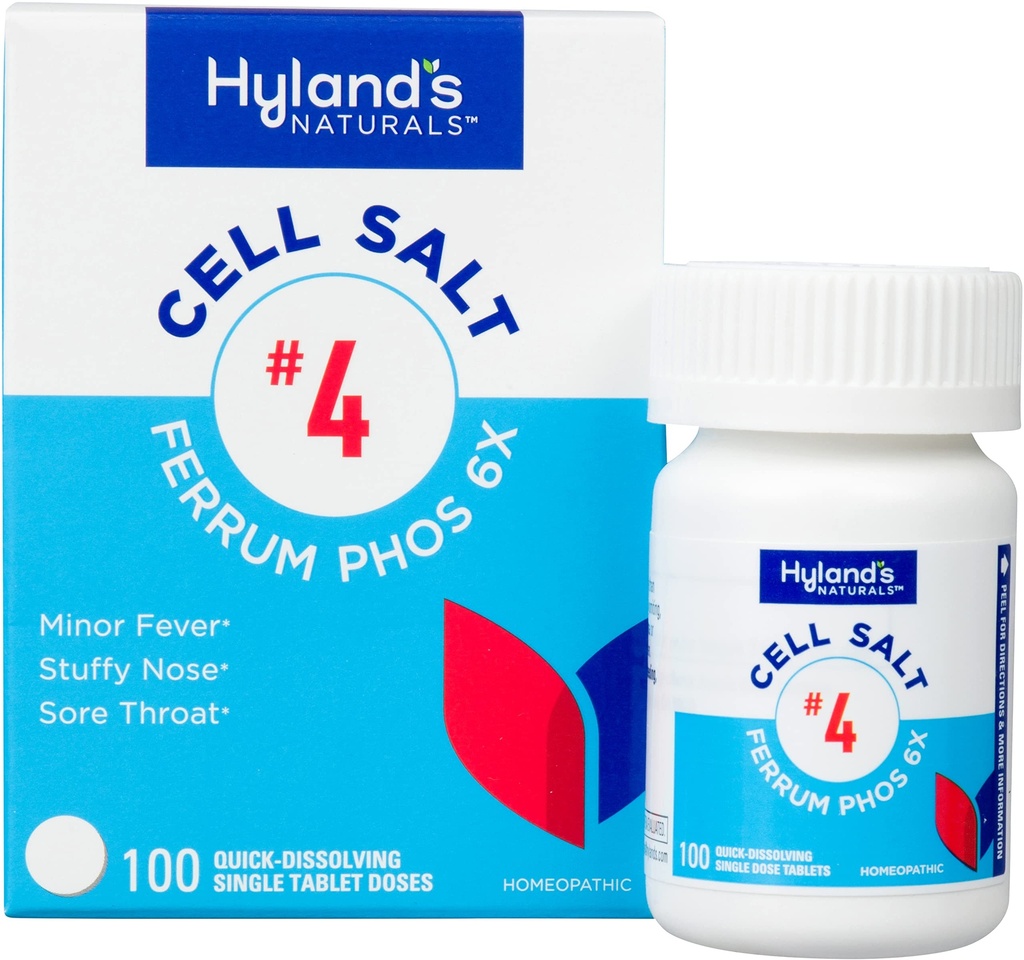 Hyland's No. 4 Sel de fer Phos 6X Comprimés, Degongestant et Sinus Relief, Supplément d'inflammation, Soulagement naturel des symptômes du rhume et de la fièvre, Comprimés à dissolution rapide, 100 Compte
