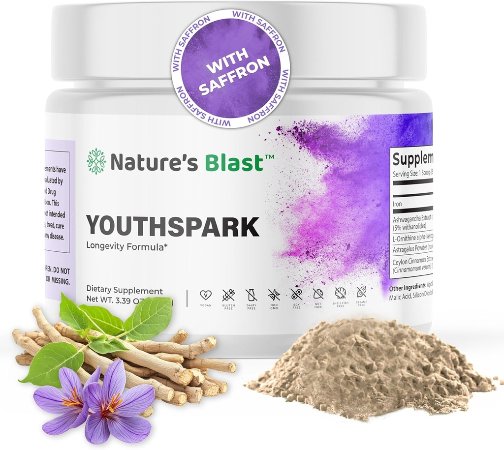 Integratore di longevità YouthSpark con Estratto di radice di Ashwagandha (600mg), Astragalus & Cinnamon - Polvere di aroma di frutta, 30 Serve, Vegan, Non OGM