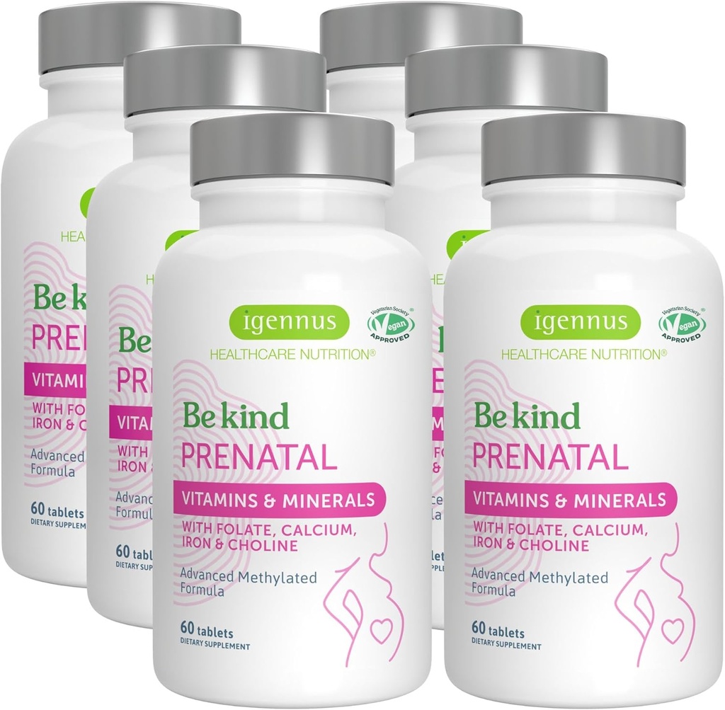 Igennus Methyliertes Prenatal Multivitamin für Frauen, Folat für MTHFR, hohe Absorption, Rein & Sauber, Sanfte Eisen, Choline, Calcium & Magnesium, Vegan Schwangerschafts-Vitamine, Halal, Non-GMO, 60 Tabletten x 6