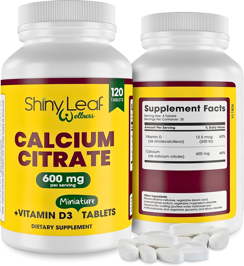 Shiny Blatt Kalzium Minis 600 mg - Tägliche Tabletten von Kalzium Citrate 600mg Plus Vitamin D3 für Bariatric Post-Op und Magen Bypass für Frauen und Männer, einfach zu schwalben, Made in USA, Vegetarisch - 120 Ct.