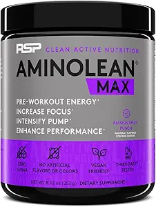 RSP NUTRITION AminoLean MAX Préentraînement - Énergie intense, Pompes massives, Focus laser avec caféine naturelle, Oxyde nitrique, Beta Alanine, BCAAs, Nootropics, 25 Serv