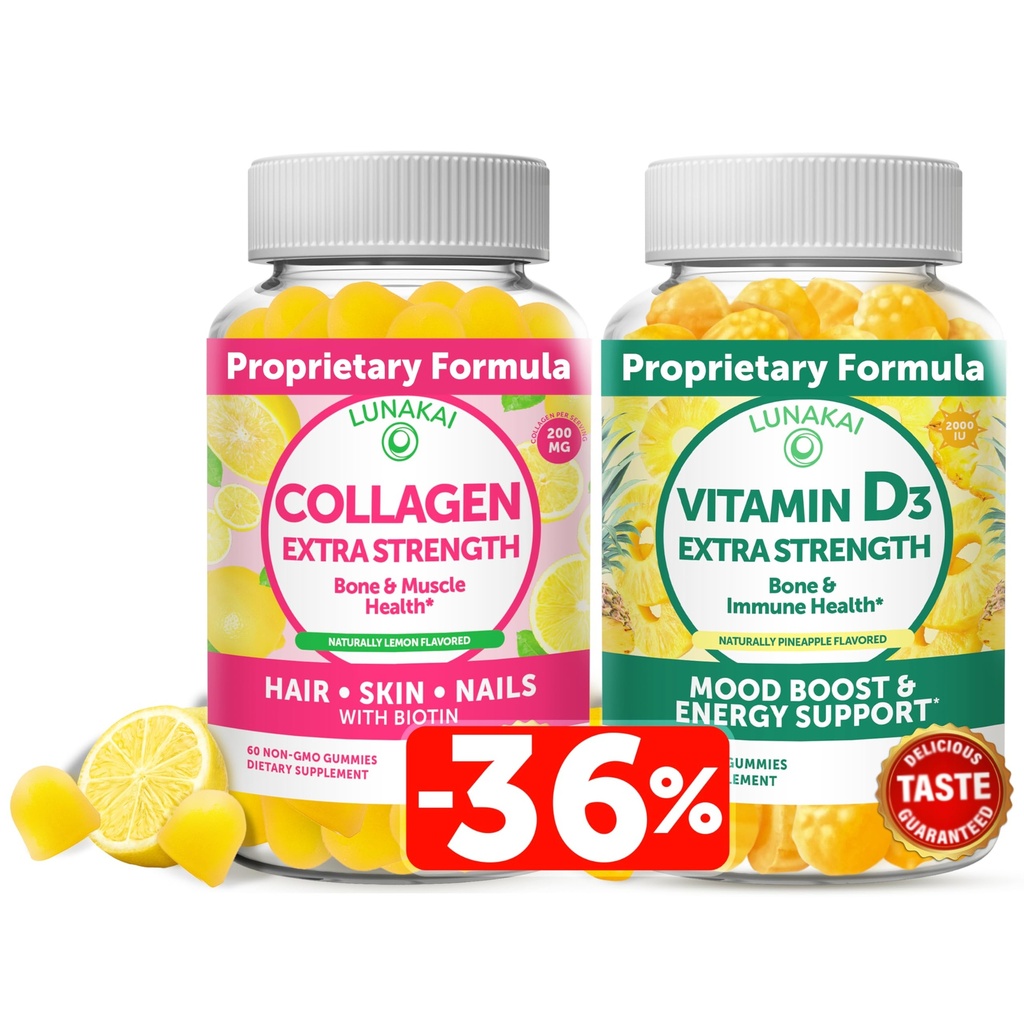 Lunakai Collagen e vitamina D3 Gummies Bundle - Integratori Anti OGM per Uomo e Donne - Immunità, Bone e Mood Support Gummy per Adulti - 30 giorni di alimentazione