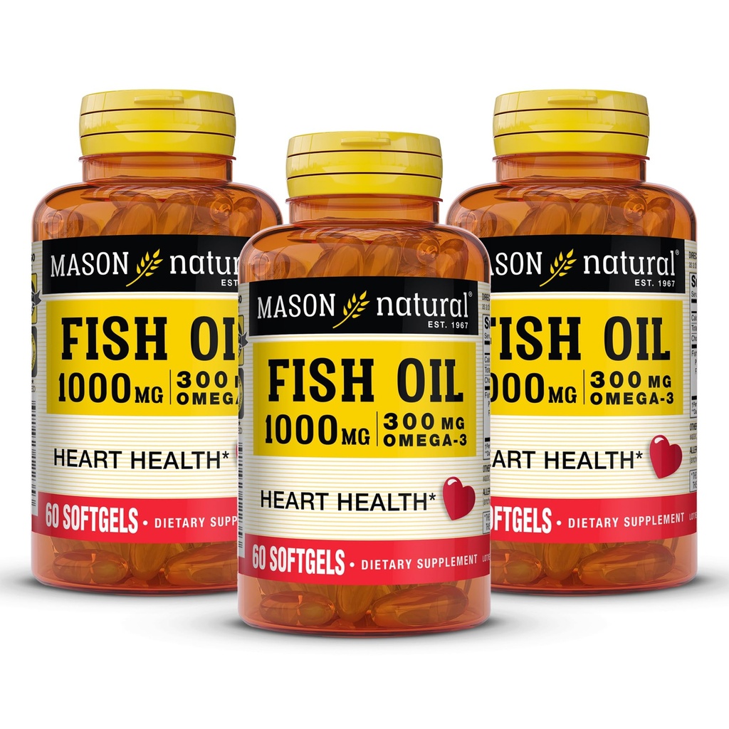 MASON NATURAL Omega,3 Huile de poisson, 180,Day Supply, 1000mg avec EPA et DHA pour le soutien conjoint, 60 pilules softgel (3 Pack)