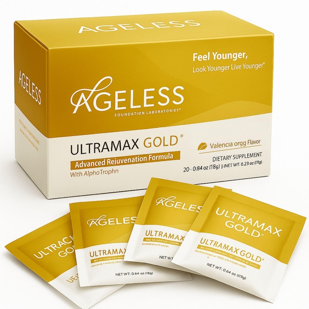 Ageless UltraMAX Gold - HGH Anti-Aging-Ergänzung für Damen und Herren - Verjüngt Haut, Restauriert jugendliche Erscheinung, steigert Energie & Schlaf, Brausepulver - Valencia Orange Flavor - 22 Packungen