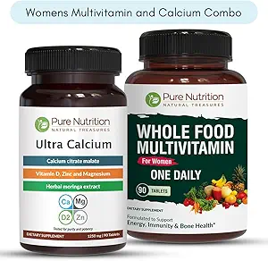 Pure Nutrition Ultra Calcium 1000mg e Whole Foods Womens Multivitamins 1500mg per le ossa sane, supporto metabolico, articolazioni e benessere generale. Ultra Calcium 90 Tabs + Donne Multivitaminici 90 Tab.