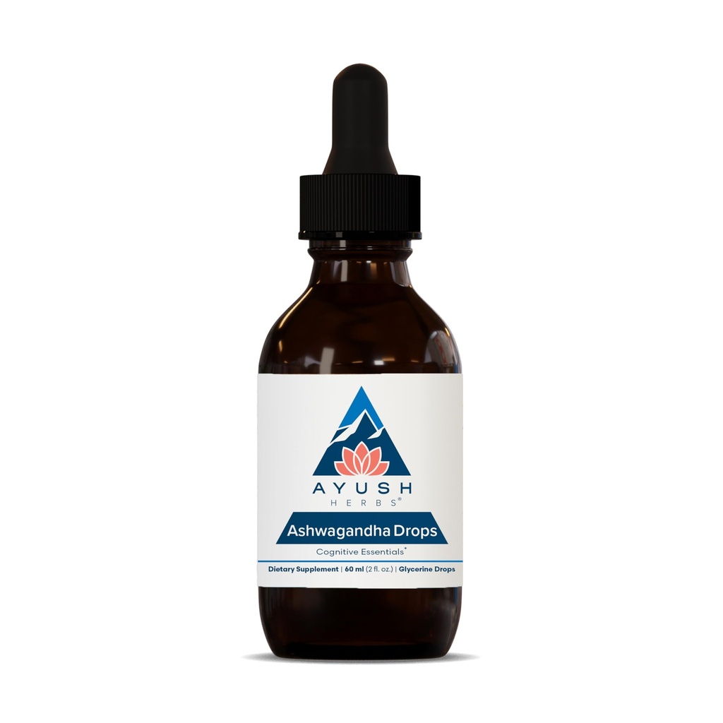 Ayush Herbes Ashwagandha gouttes - Ashwagandha gouttes sans alcool pour les adultes, calmant le supplément quotidien pour le focus et l'attention avec Ashwagandha biologique, Lemon Flavor - 2 Fl Oz (80 portions)