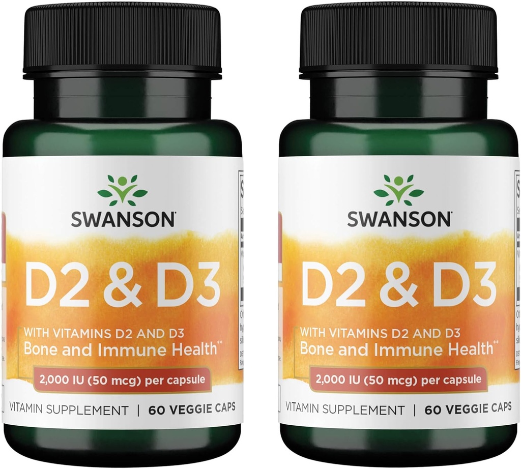 Swanson Vitamin D Complex mit Vitaminen D2 & D3 - Kompletter Sonnenschein Vitamin Complex für Knochen, Zahn- und Immungesundheit - Vitamin Supplement (50 mcg, 60 Veggie Kapseln) (2 Pack)