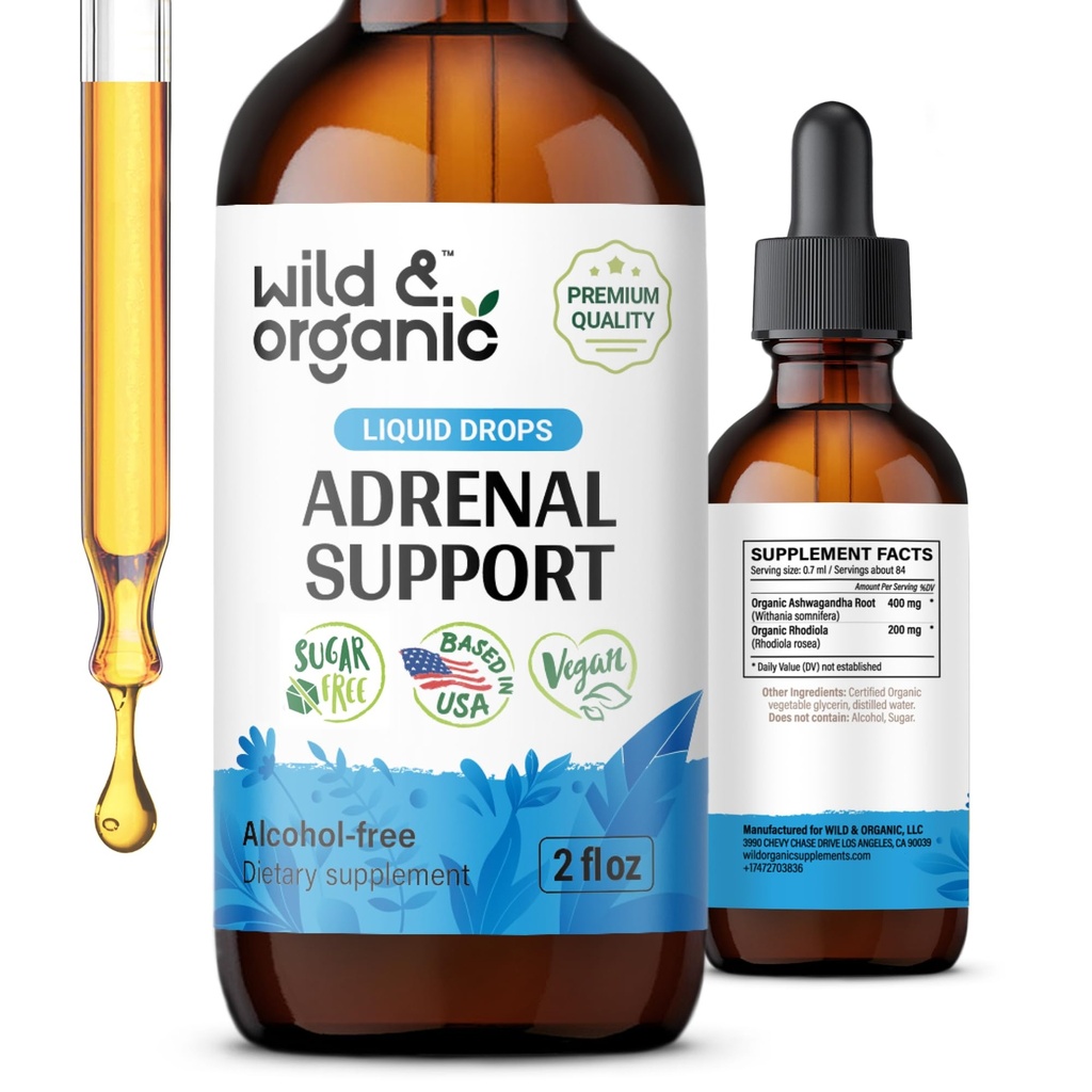 Tintura di sostegno surrenale selvatico e organico per Outlook positivo - Complesso surrenale con Ashwagandha, Radice di Rhodiola Rosea - Alimentazione 1-Month - Vegan, No Sugar & Alcohol - 2 fl oz