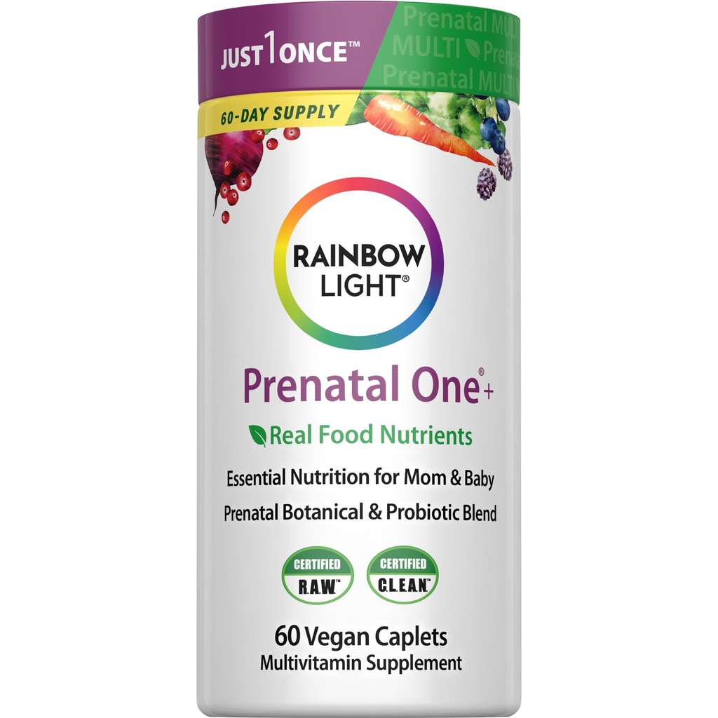Rainbow Light Prenatal Multivitamin One + for Women | 60 Caplets | Essential Nutrition for Mom & Baby | Real Food Nutrients | Prenatal Botanical & Probiotic Blend