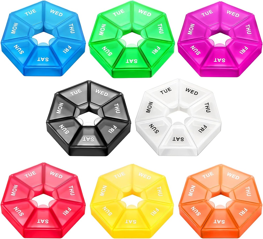 Ponpon 8pcs portacandele scatola 7-Sided Portable Vitamin Holder Box Pill Organizer Medicine Planner (8 Corlor)