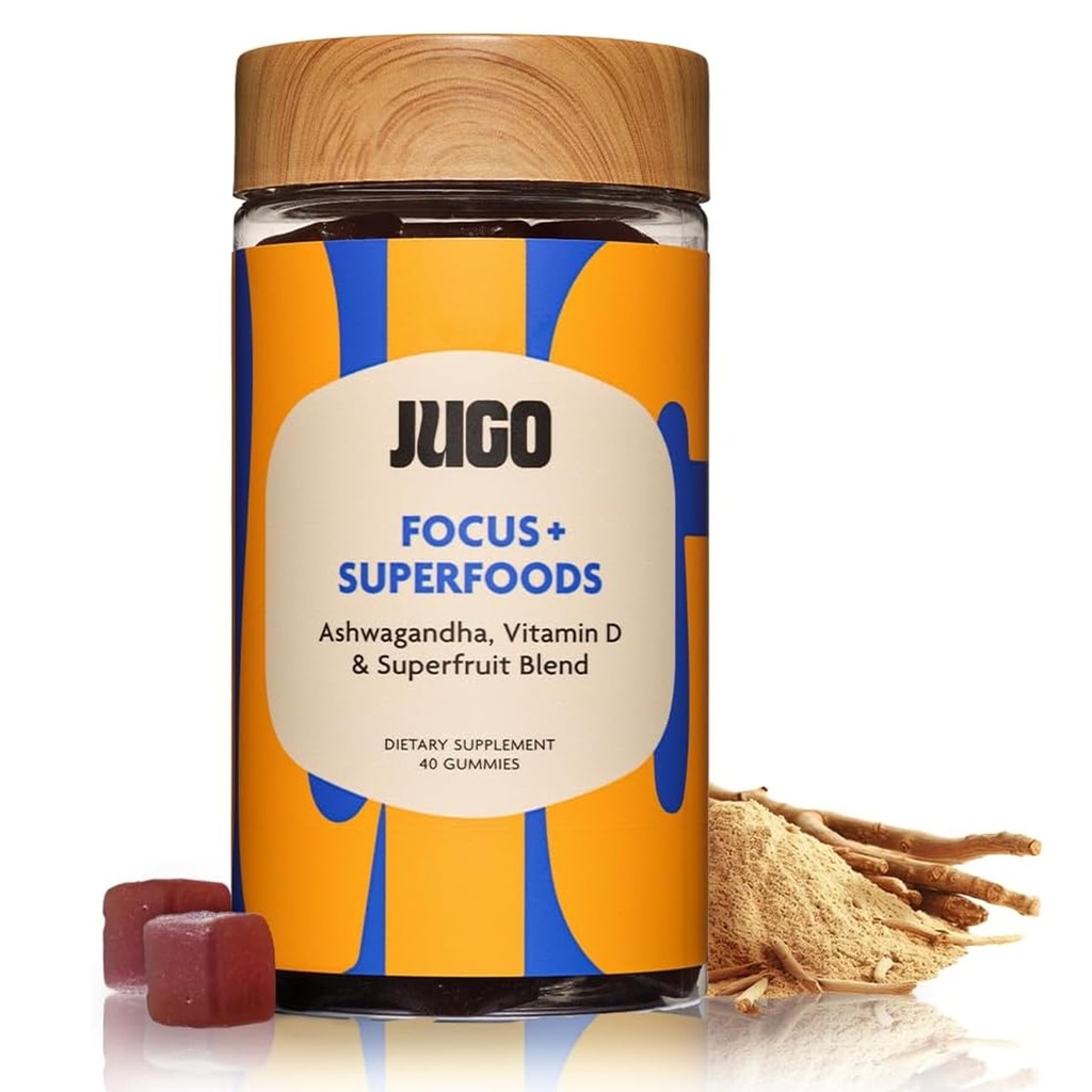 JUGO Focus + SUPERFOODS | Ashwagandha Gummis mit Vitamin D3 & Superfruit Blend | 40 Count Plant - Based Adaptogen Gummies | Gelatin-Free, Non-GMO, Made in USA