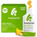 Healthycell Vegan Daily Multivitamin Liquid Supplement mit Eisen und Omega-3, 25+ essentielle Vitamine, Mineralien & Nährstoffe für Gehirn & Herz Gesundheit, Immununterstützung & Energie - 30 Gel Packs
