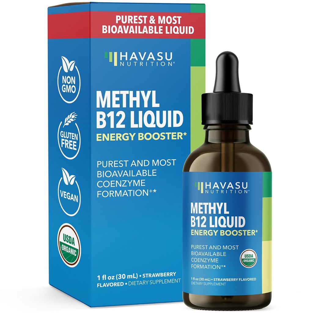 USDA Vitamine biologique B12 gouttes liquides - méthylcobalamine pour l'énergie améliorée et le système nerveux support - 30 portions - hautement biodisponibles pour l'absorption - Non-OGM, végétalien, fraise, 1 Fl Oz
