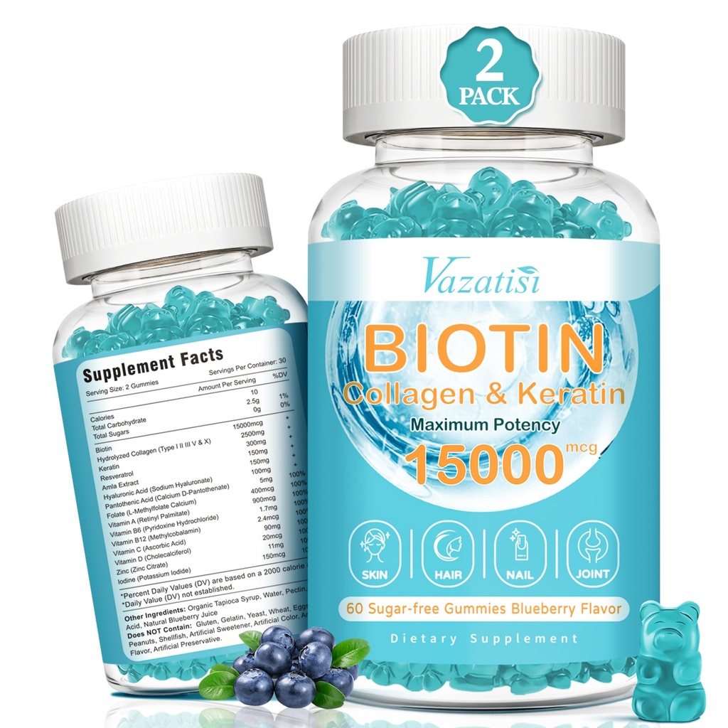 Gommies de biotine et de collagène avec B12, Peau de cheveux et ongles Vitamines Gommies pour la croissance des cheveux, peau Glowing et ongles forts - Blueberry Flavor, sans sucre, 120 Ct