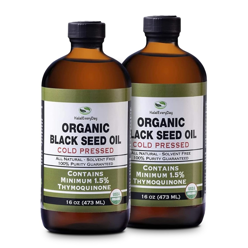 Huile de graine noire biologique - Bouteille de verre pressée à froid certifiée USDA Plus de 1,5% Thymoquinone 3X résistance Cumin noir turc Nigella Sativa non-OGM 100% huile de grain noir pur (32oz verre (2X16) bouteille)