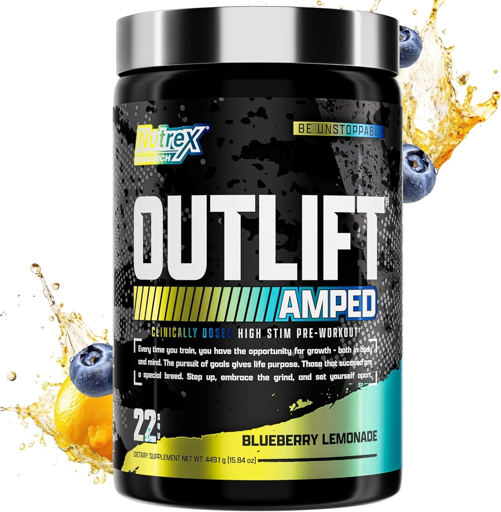 OUTLIFT Amped Max Dosed HIGH STIM Pre Workout Powder, 6G Citrulline, 3.2G Beta Alanine, Alpha GPC, CognatiQ, Extreme Energy, Massive Pumps, Elektrolyte, Nootropics Blueberry Lemonade - 22 Serv