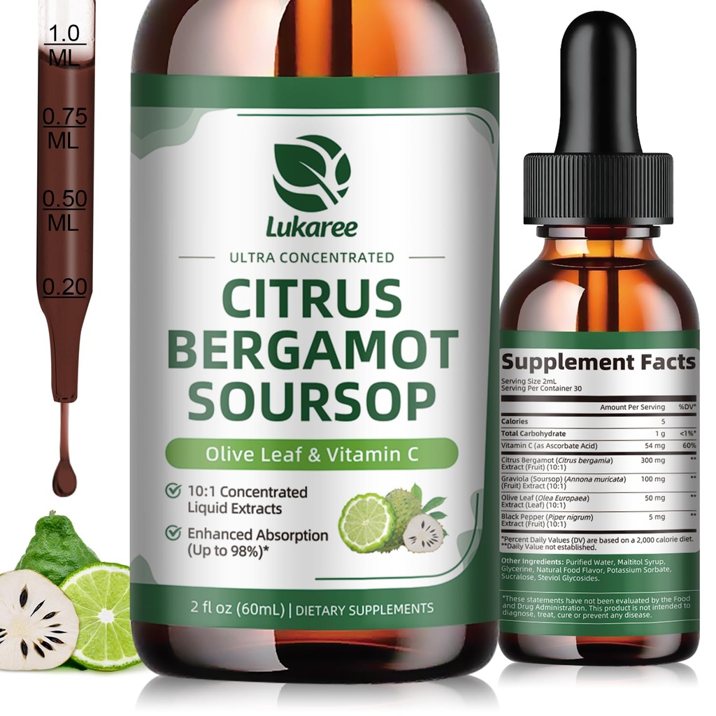 Citrus Bergamot gouttes liquides - Supplément naturel avec Sourop, le riz rouge de levure, l'ail, la feuille d'olive, le poivre noir - Haute absorption - Soutien général Bien-être* - Sourop Bitters Liquide, 2 Fl Oz