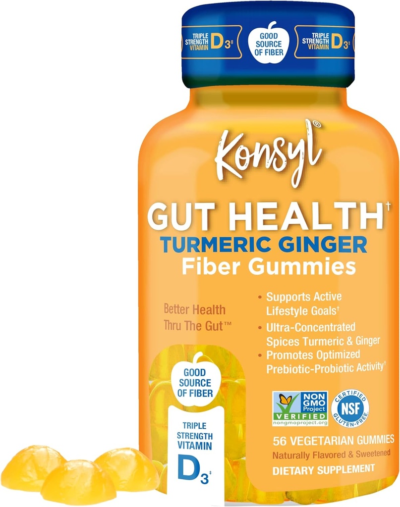 Konsyl Gut Salute Turmeric Ginger Fiber Gummies - Aiuta a sostenere la salute digestiva+ - Integratore di fibre vegetariane Gummies per adulti- 56 Conte