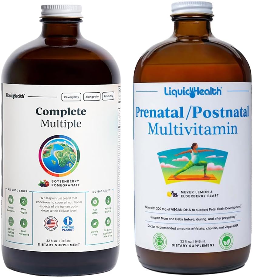 LIQUIDHEALTH Complete Multiple & Prenatal/Postnatal Multiple Liquid Vitamin Bundle - Adult Daily Multivitamins for Men & Women, Supporto immunitario, Vitamine di gravidanza per mamma & Baby - USA Made, Vegan