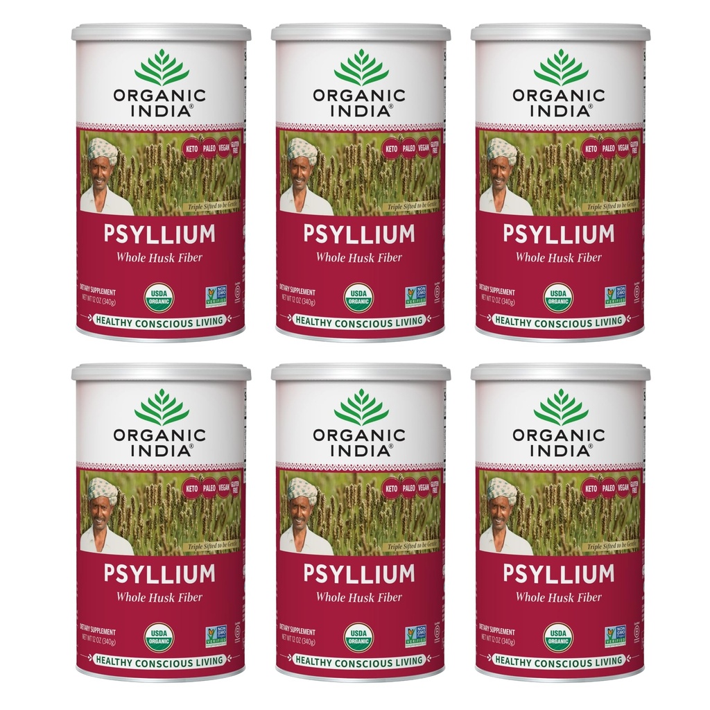 ORGANIC INDIA Ganzes Psyllium Husk Pulver Organisch - Psyllium Husk Faserergänzung, Verdauungsunterstützung, Vegan, Glutenfrei, Non-GMO, lösliche & unlösliche Faserquelle - 12 oz Canister, 6 Pack
