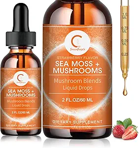 Sea Moss & Mushrooms Liquid Drops, Lions Mane Supplement with Irish Sea Moss & Cordyceps ecc, Supporto per la memoria, Focus & Clarify, Immune and Digestive Health, Non-GMO, Strawberry Flavor, 2 FL OZ