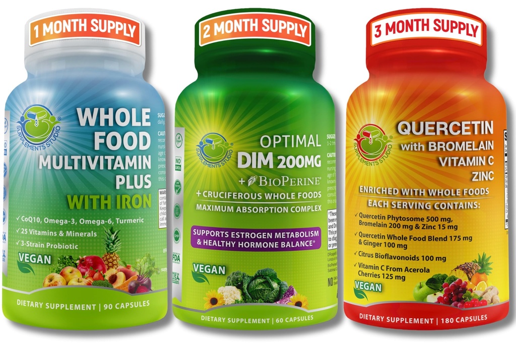 Ensemble de soutien hormonal et immunitaire quotidien pour les femmes et les hommes - DIM 200mg pour l'équilibre hormonal + Quercetin 500mg avec Bromelain & Zinc + Multivitamine alimentaire entière avec fer – Vegan, Soutien Bien-être non-OGM