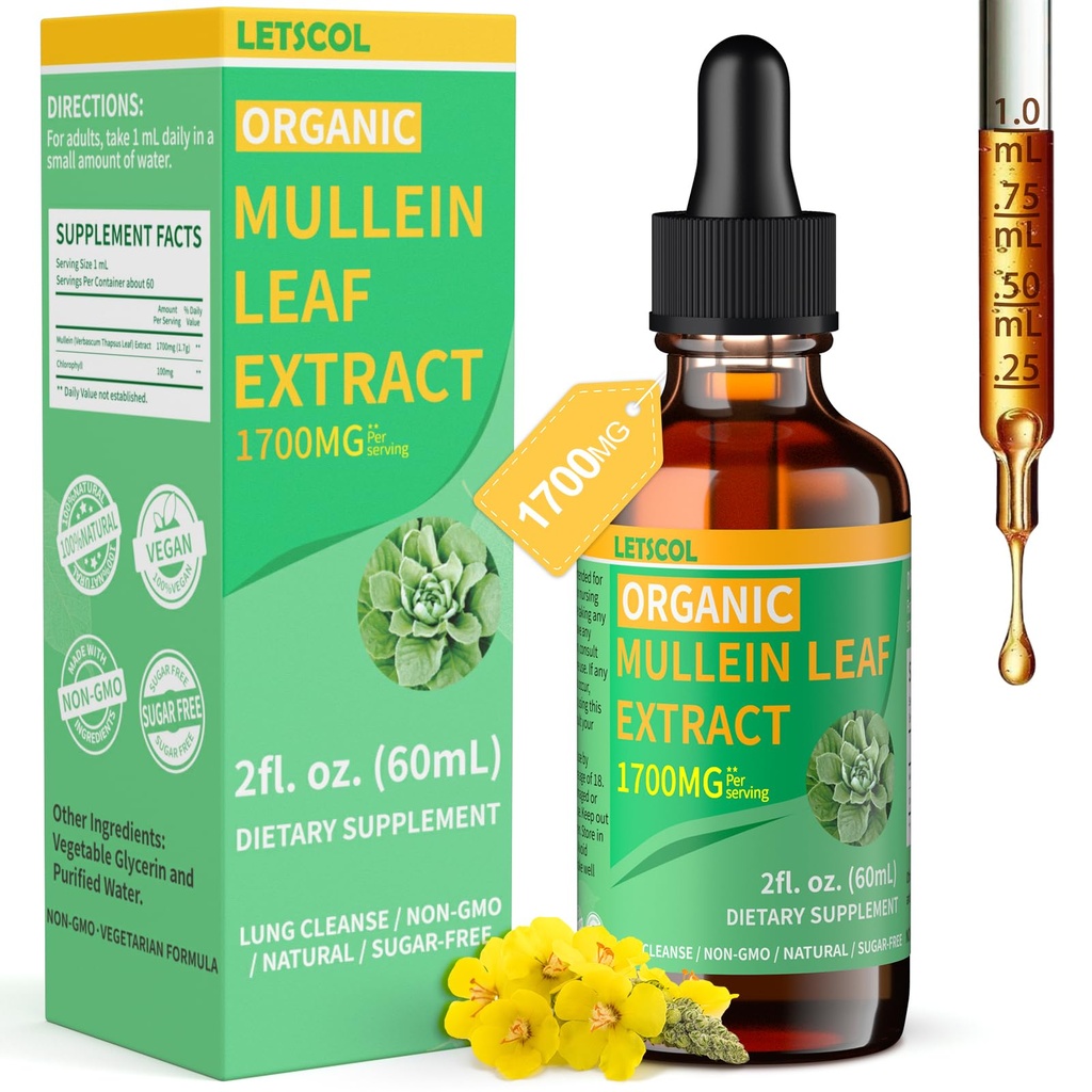 Gouttes de Mullein bio pour le nettoyage pulmonaire, puissant 1700mg Mullein Leaf Extract pour le soutien immunitaire et respiratoire, Natural Mullein Supplément Teinture gouttes non-OGM et végétalien, 2 Fl Oz