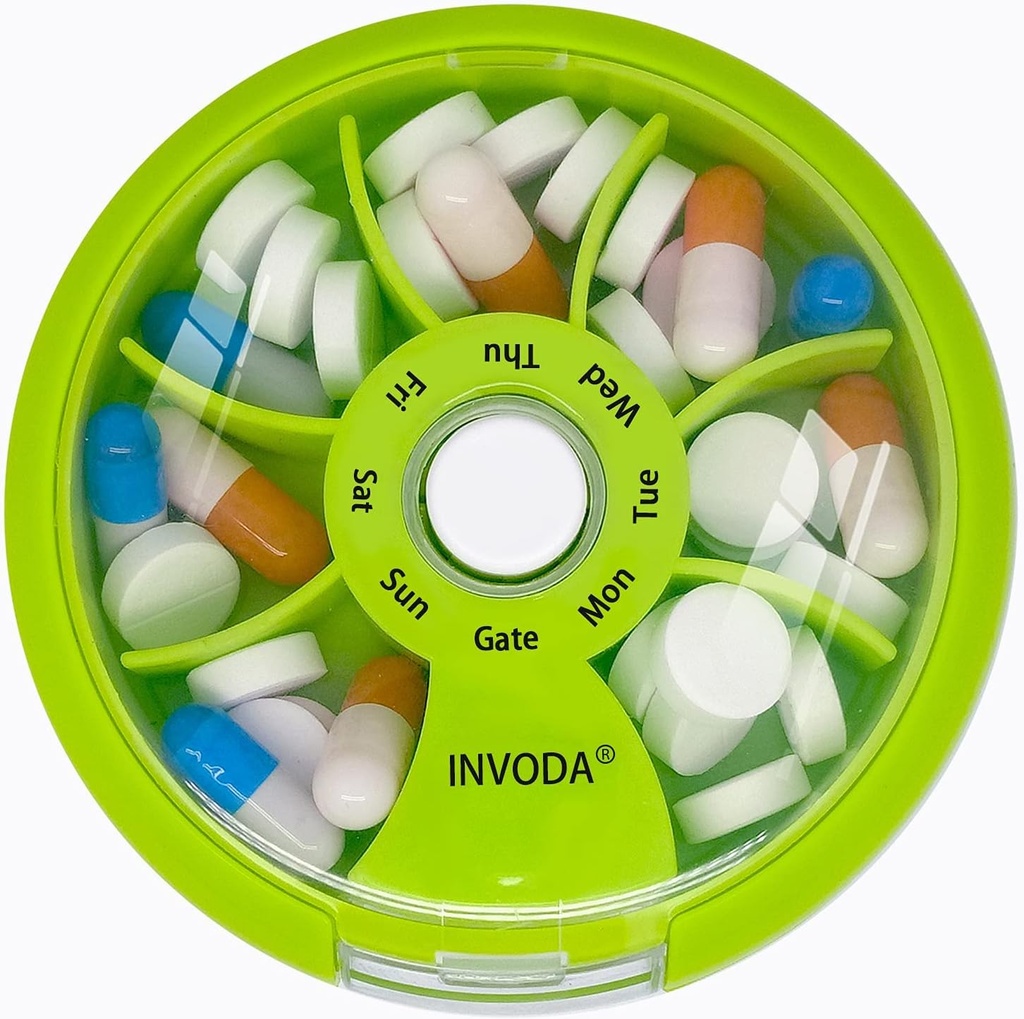 INVODA Wöchentliche Pille Organizer 7 Kompartment rotierende Pille Box für tägliche Medikamente & Vitamine - Tragbare Reise Pille Fall Fischöl ergänzt Vitamine Organizer (Orange)