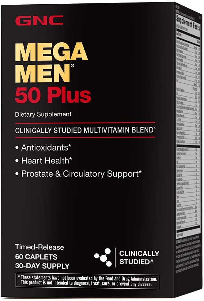 GNC Mega Men 50 Plus Multivitamin Caplets, Klinisch bewährt, Herz- und Prostata-Gesundheit, B Vitamine, Sägepalme, Gedächtnis, Vitamin D-3, 60 Anzahl