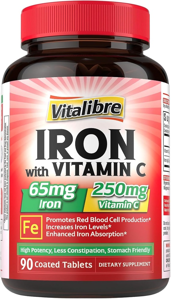 Eisen-Ergänzung 65mg mit Vitamin C, Stomach Friendly Carbonyl Iron, Hohe Absorption, Einmal täglich, Unterstützt Rote Blutzellenproduktion, Glutenfrei, Non-GMO, 90 Tabletten