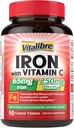 Eisen-Ergänzung 65mg mit Vitamin C, Stomach Friendly Carbonyl Iron, Hohe Absorption, Einmal täglich, Unterstützt Rote Blutzellenproduktion, Glutenfrei, Non-GMO, 90 Tabletten