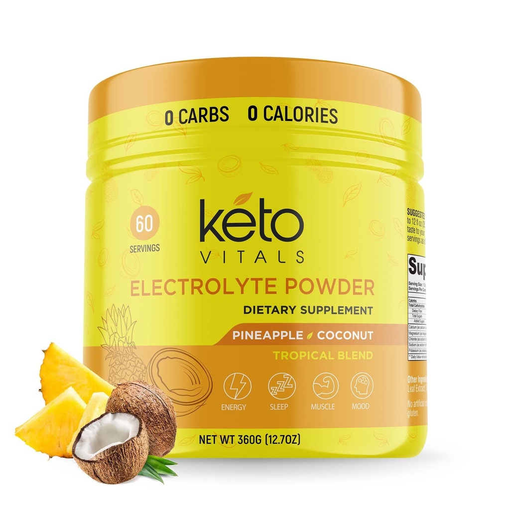 Polvere di elettroliti di Keto Vitals - Polvere di elettroliti di Keto senza zucchero con potassio, magnesio, sodio, e calcio - senza polvere di miscela di bevanda di elettrolito di zucchero e polvere di idratazione, 60 porzioni, cocco di ananas