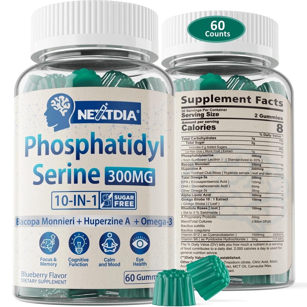 Phosphatidylserine - Nootropic Brian Supplement, Focus & Energy Gummies + Bacopa Monnieri, Omega 3, Huperzine A, Methyl B12 & B6 per anziani, giocatori, lavoratori, non OGM, Caffeina-Free, Sugar Free,60 Cts