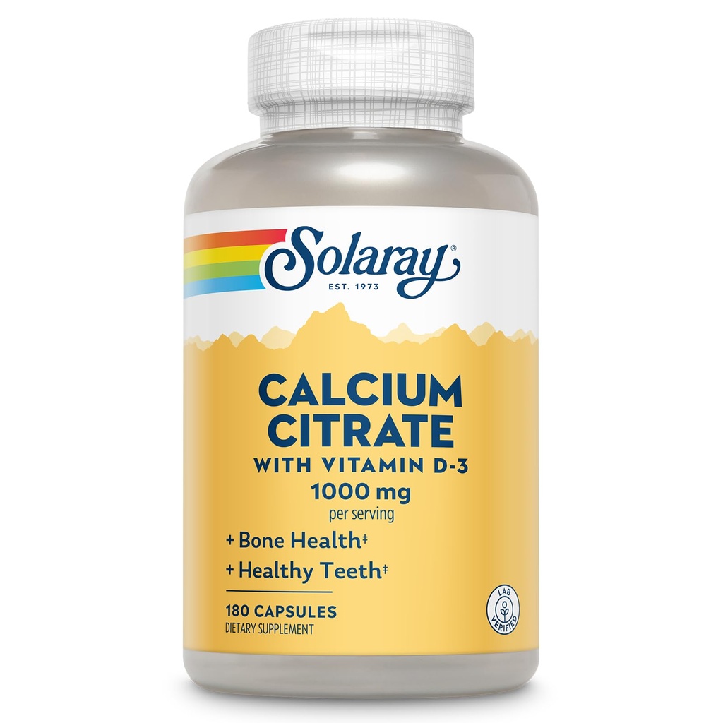 Solaray Kalzium Citrat mit Vitamin D3 1000mg - Knochenstärke und gesunde Zähne Unterstützung - Gentle Digestion Formula - Lab Verified, 60-Day Garantie - 30 Servietten, 180 Kapseln