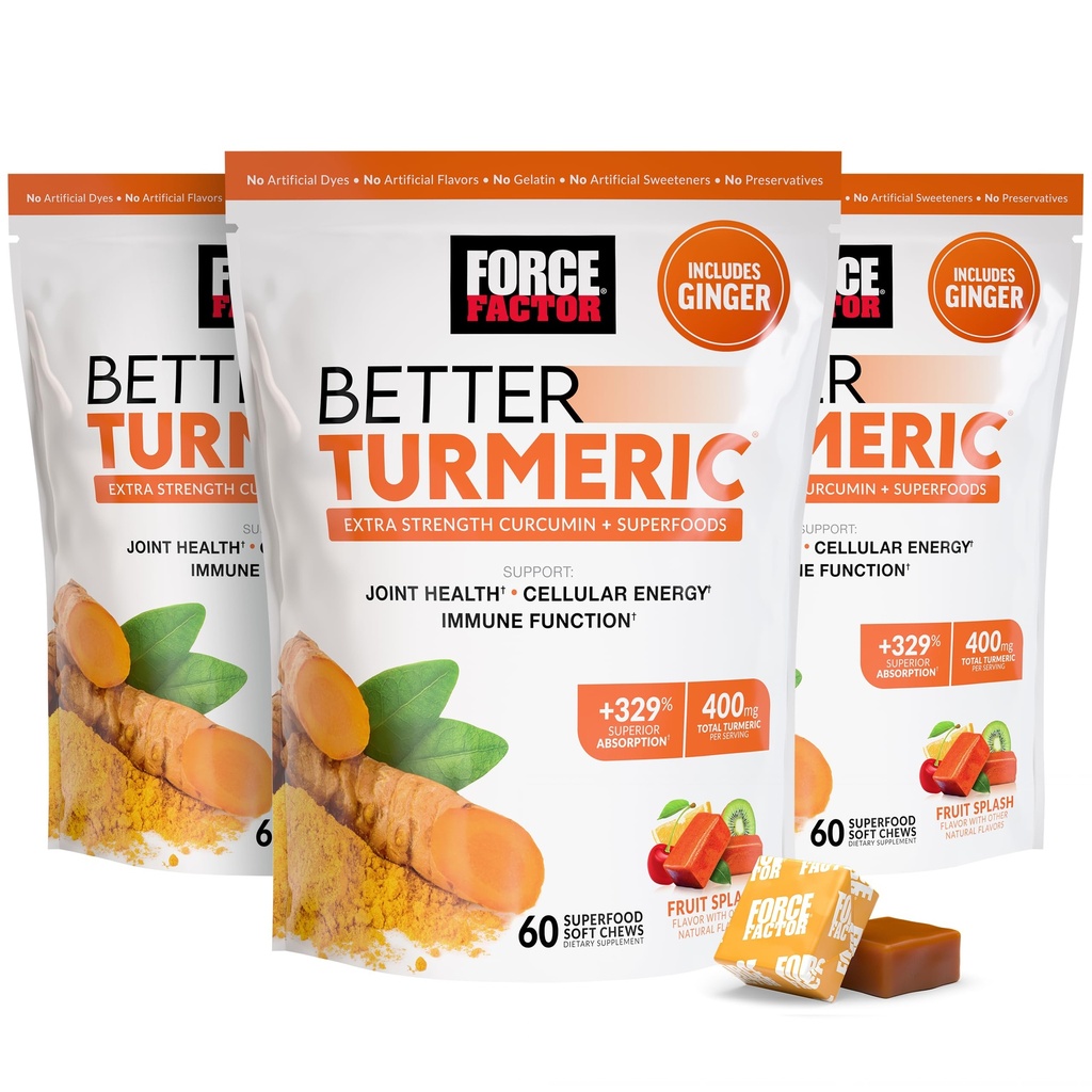 Facteur de force Meilleur supplément de soutien mixte curcumin pour la santé articulaire extra-forte, avec Curcumine curcumine hydro-urque avec poivre noir pour l'absorption supérieure, splash de fruits, 180 Chews doux