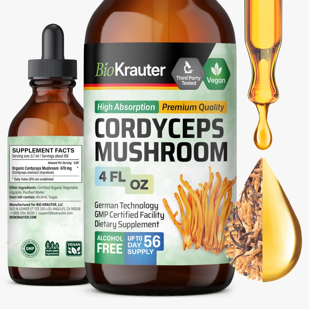 BIO KRAUTER Cordyceps Estratto di funghi - Cordyceps Sinensis Liquid Mushroom Extract - 670 mg per porzione - Vegan, Alcol & Sugar Free - 4 Fl.Oz.