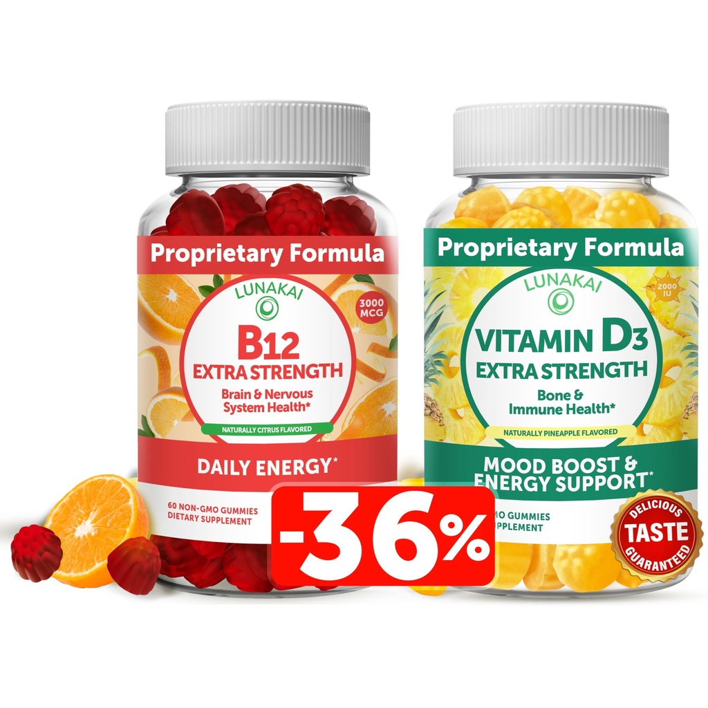 Lunakai Vitamine D3 et Vitamine B12 Gommies Bundle - Immunity, Bone and Mood Support VIT D3 2000IU Supplement - 3000mcg Méthylcobalamine High Absorption Energy Gummy
