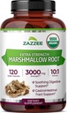Zazzee USDA racine de marshmallow biologique 10:1 extrait, 3000 mg de force, 120 capsules végétaliennes, 4 mois d'approvisionnement, normalisé, concentré 10X extrait, 100% végétarien, tout naturel, non-OGM, fabriqué aux États-Unis
