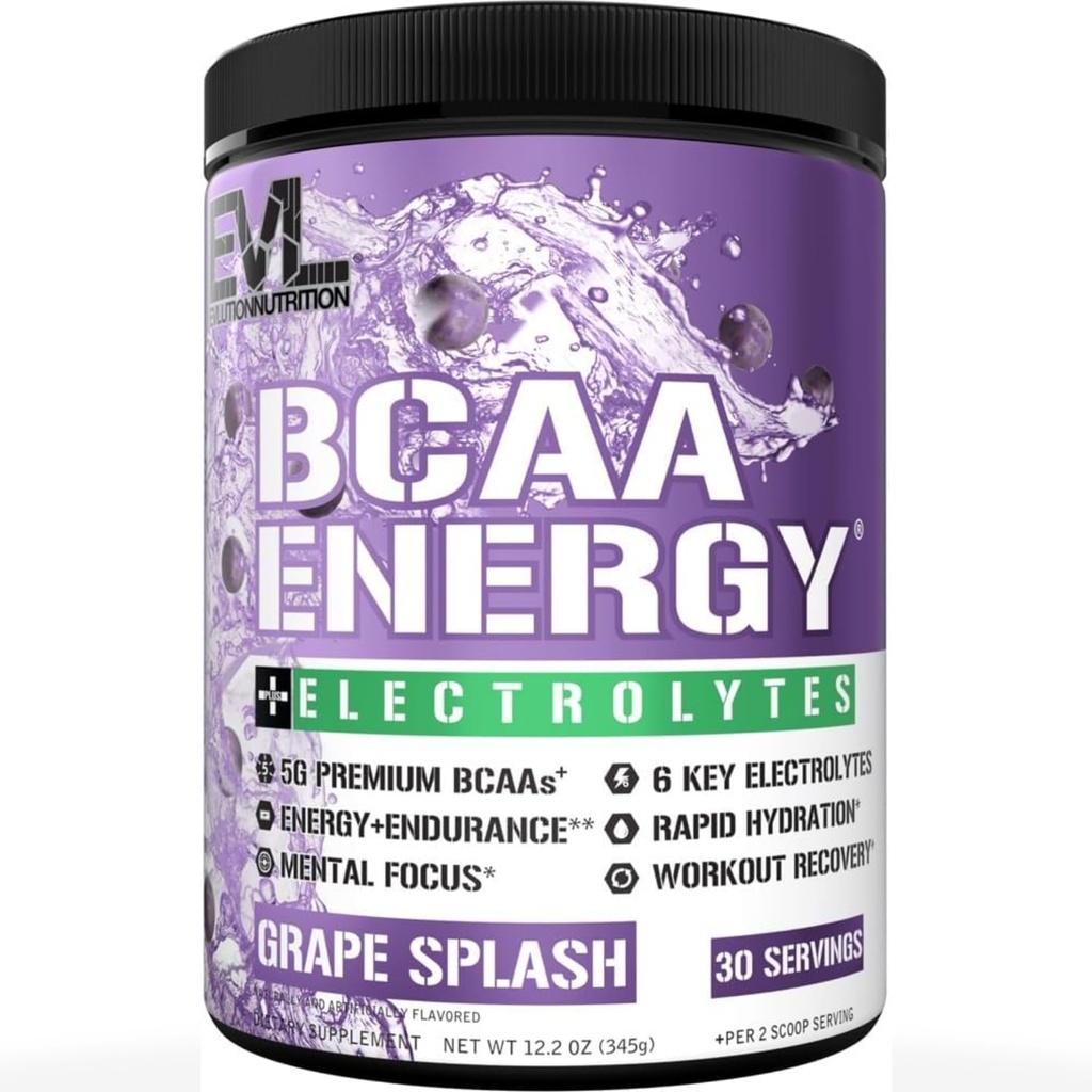 EVL BCAAs Aminosäuren Pulver - BCAA Energy Pre Workout Pulver für Muskel-Recovery Lean Wachstum und Endurance - Rehydrating Post Workout Recovery Drink mit 6 Schlüssel Elektrolyten - Grape Splash