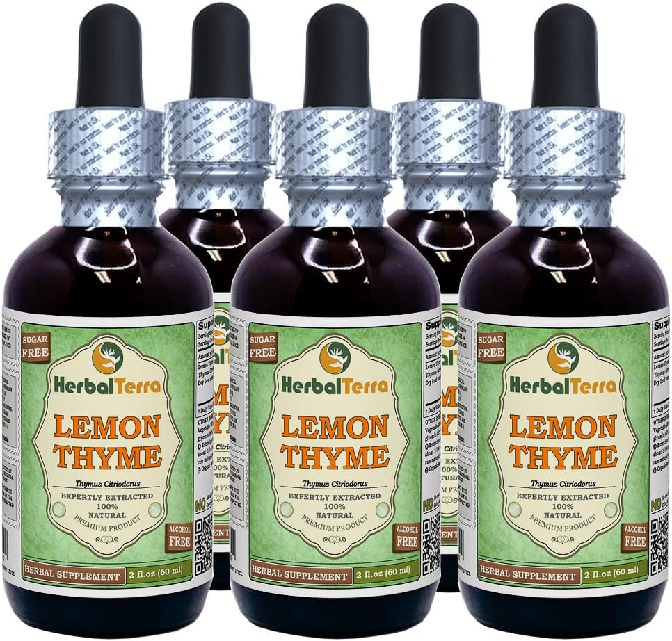 Thym citron (Thymus x Citriodorus) Glycérite, extrait liquide sans alcool séché biologique (marque: HerbalTerra, Fièrement fabriqué aux États-Unis) 5x2 fl.oz (5x60 ml)