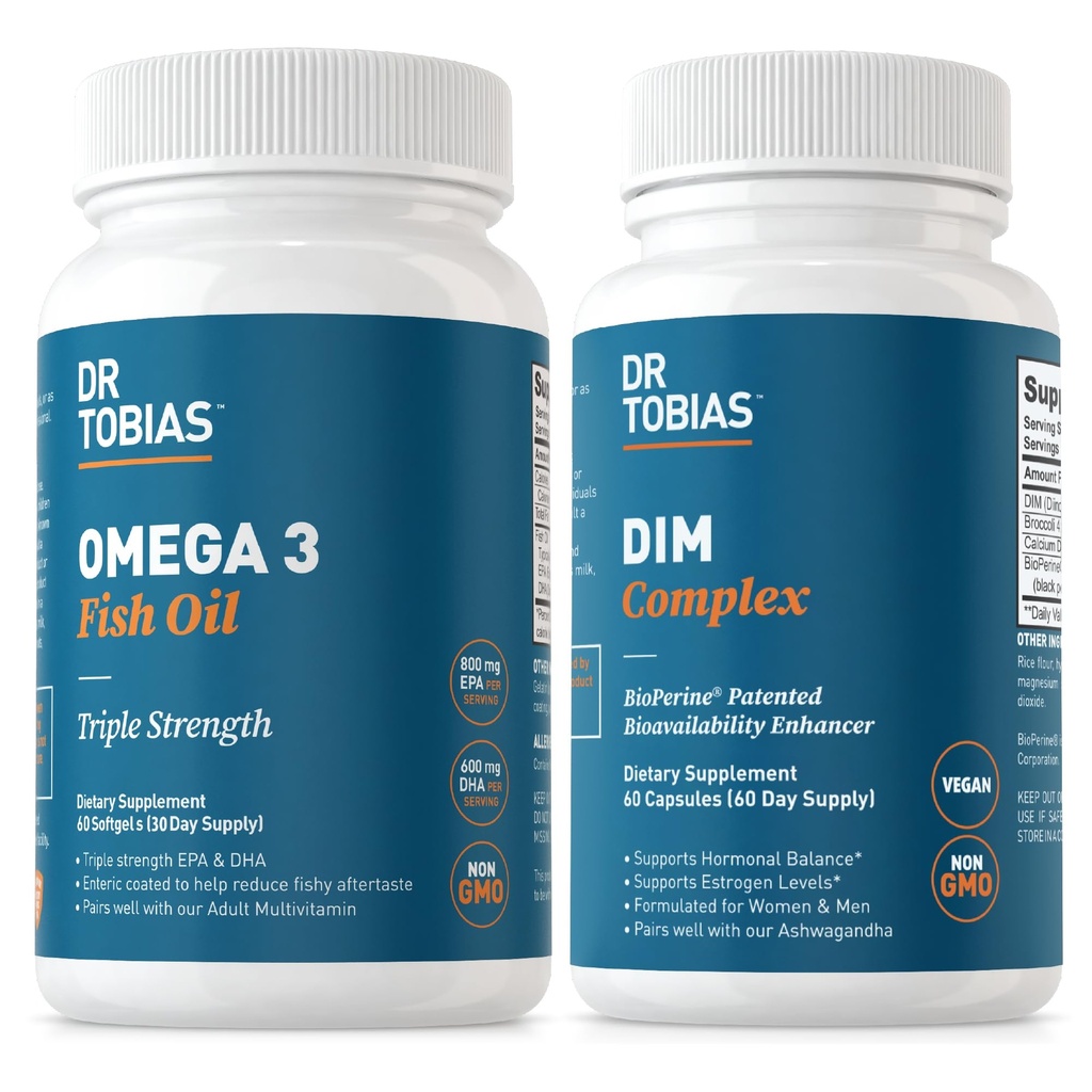 Dr. Tobias Omega 3 Fish Oil e DIM Complex Integratori, Supporta cuore, cervello Immune Funzione e equilibrio ormone per le donne e gli uomini con BioPerine, Borccoli Extract & Calcium D-Glucarate, 60 capsule