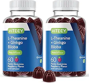 Viteey L-Theanine Gummies con Ginkgo Biloba per gli adulti - aiuti in Focus & Relax, Migliorare l'umore - Non OGM, Gelatin Free, Vegan, Gluten Free, Naturally Sourced Chewable Tasty Raspberry Gomma aromatizzata