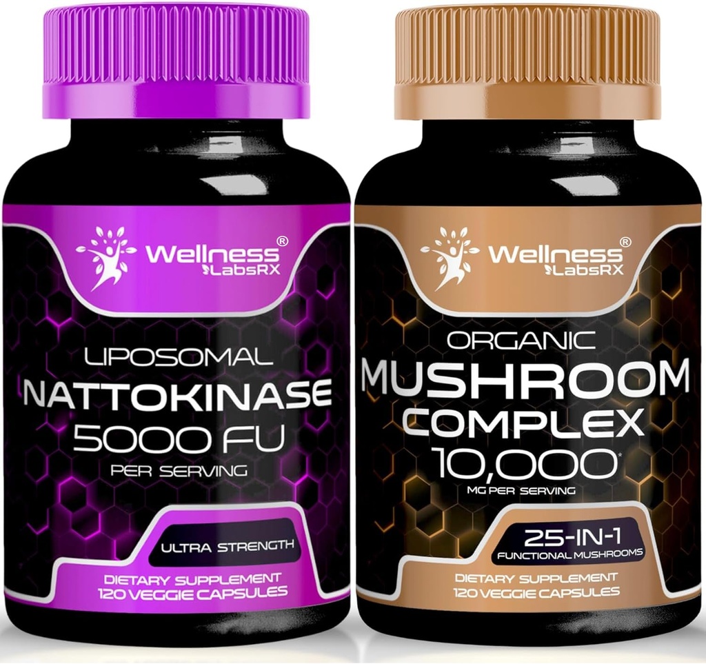 Capsule Integratori Del Nattokinase - 5000 FU - Enzimi da Pure Japanese Natto Extract | Capsule Integratori Del Mushroom Organici - 10000mg - 25 in 1 Capsule Complesso di Funghi