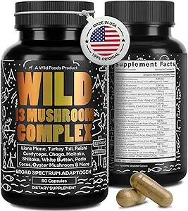 Wild Foods Premium Mushroom Supplement Complex | Estratto di funghi 13 Funghi organici: Lions Mane, Tail Turchia, Reishi & More Funghi adaptogenic per l'energia, il cervello e la salute immunitaria (Pack of 2)
